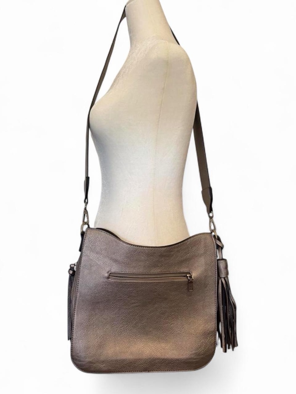 Taupe Fringe Hobo Shoulder Bag with Adjustable Strap